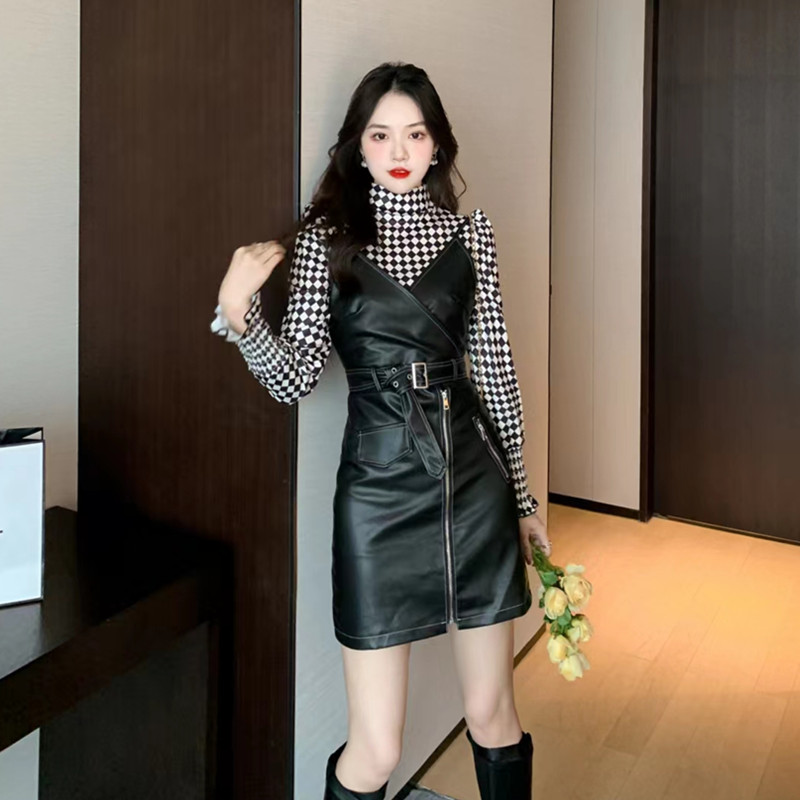 Autumn Winter PU Leather Zip Cami Dress Two Piece Set 8272 - Image 2