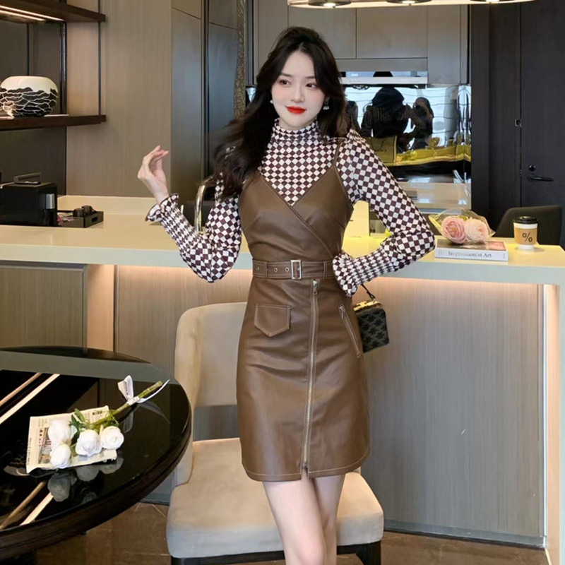 Autumn Winter PU Leather Zip Cami Dress Two Piece Set 8272 - Image 3
