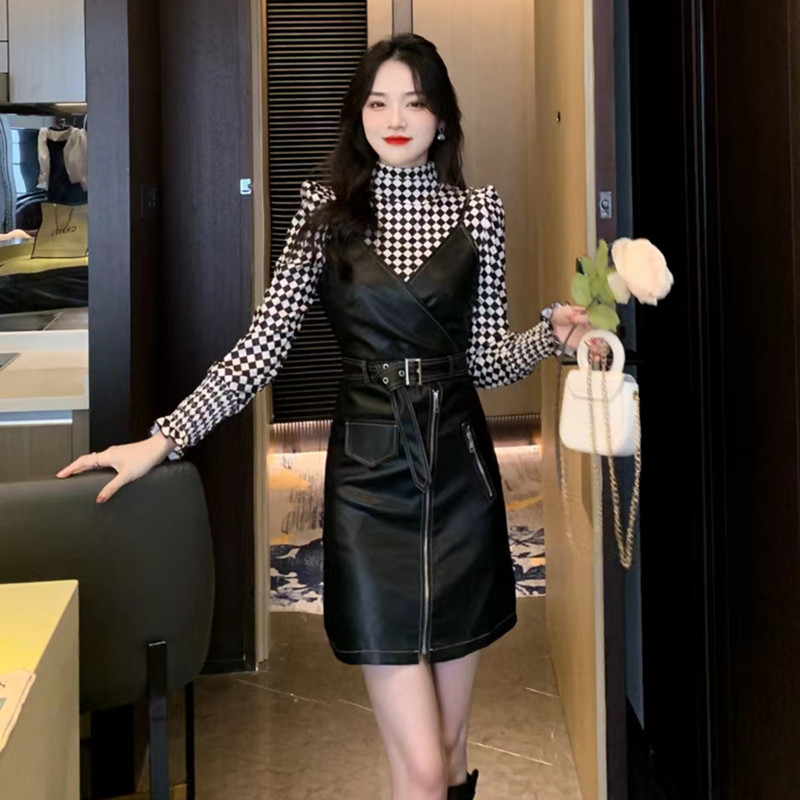 Autumn Winter PU Leather Zip Cami Dress Two Piece Set 8272