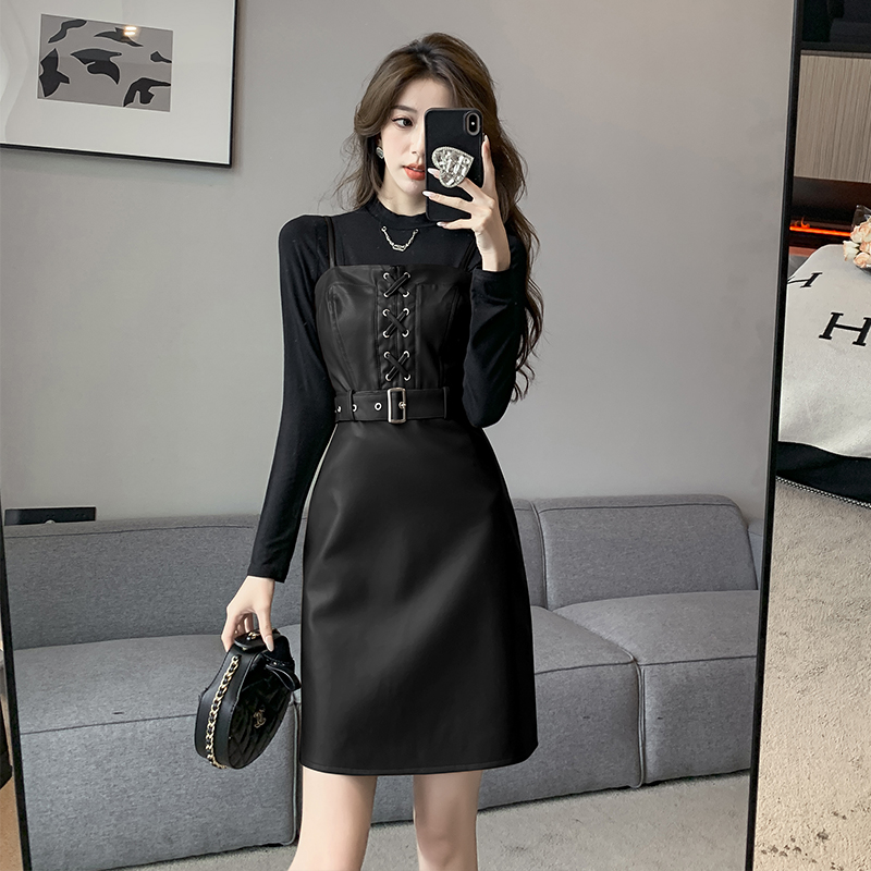 2025 Autumn Winter New Sexy Fashion Lace-Up Waist PU Leather Dress and Base Shirt Two-Piece Set Women 8620 - Image 4