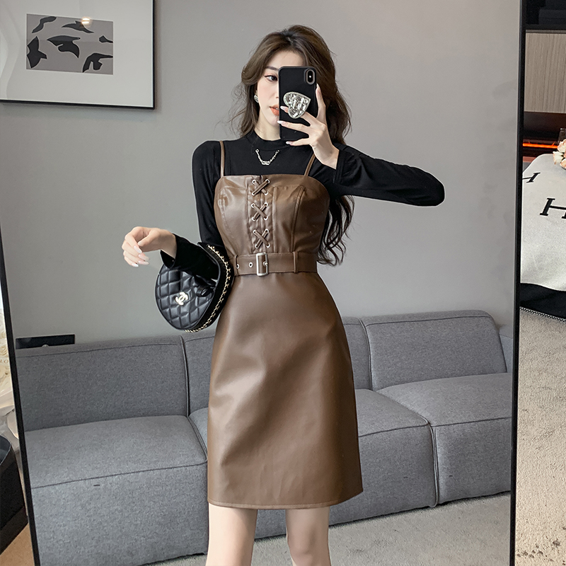2025 Autumn Winter New Sexy Fashion Lace-Up Waist PU Leather Dress and Base Shirt Two-Piece Set Women 8620 - Image 2