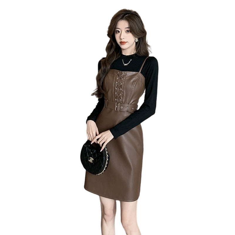 2025 Autumn Winter New Sexy Fashion Lace-Up Waist PU Leather Dress and Base Shirt Two-Piece Set Women 8620 - Image 5