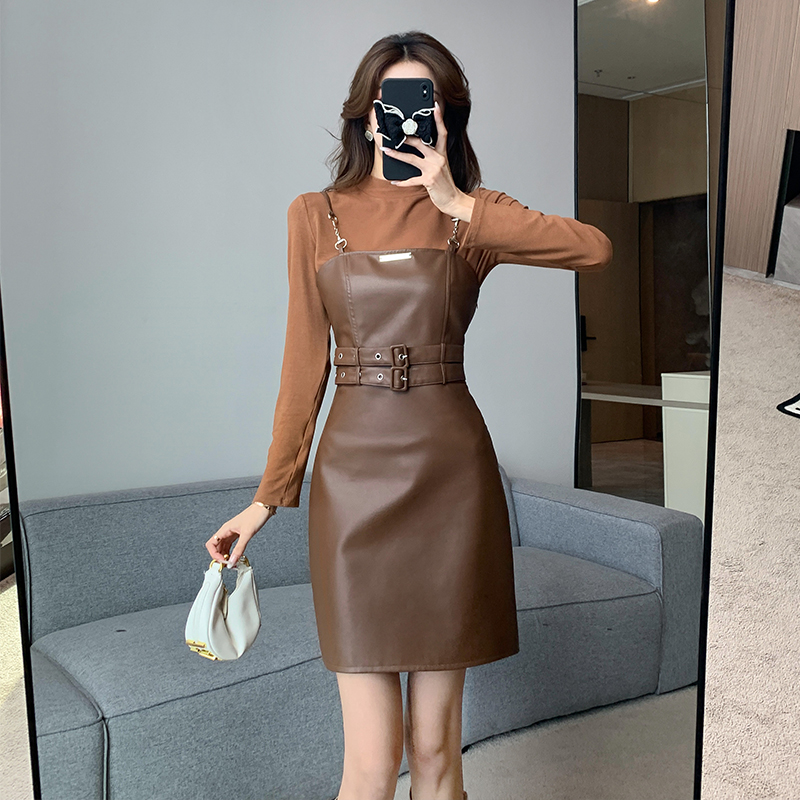 French Style PU Leather Cami Dress Two-Piece Set for Women - Image 4
