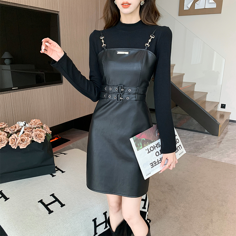 French Style PU Leather Cami Dress Two-Piece Set for Women - Image 2