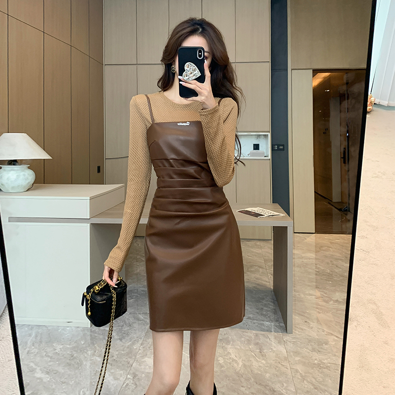 Women's Two-Piece Knit Top and PU Leather Skirt Set - Image 2