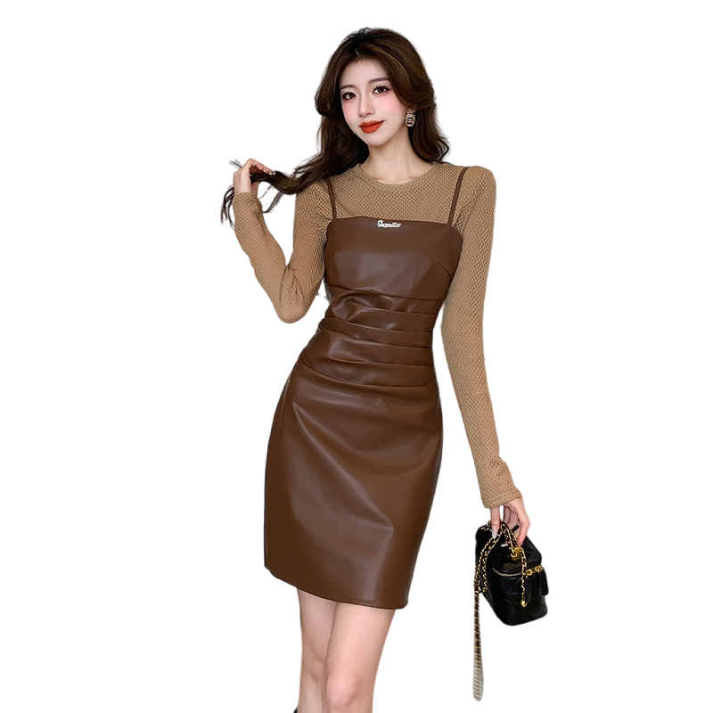 Women's Two-Piece Knit Top and PU Leather Skirt Set - Image 5