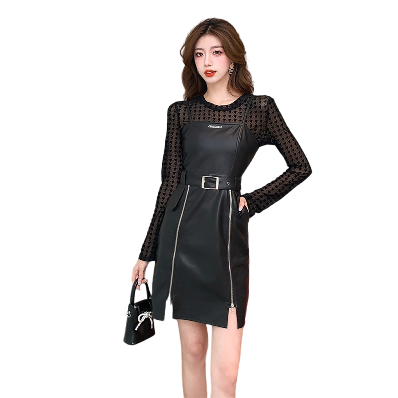 Petite Two-Piece PU Leather Cami Dress Set Women Korean Style Fall 5835 - Image 5