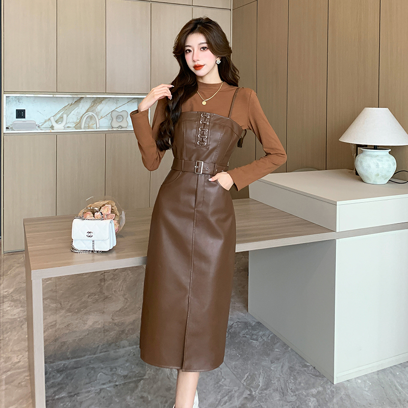 Women's Korean Style Two-Piece PU Midi Skirt Set with Long Sleeve Top - Image 4