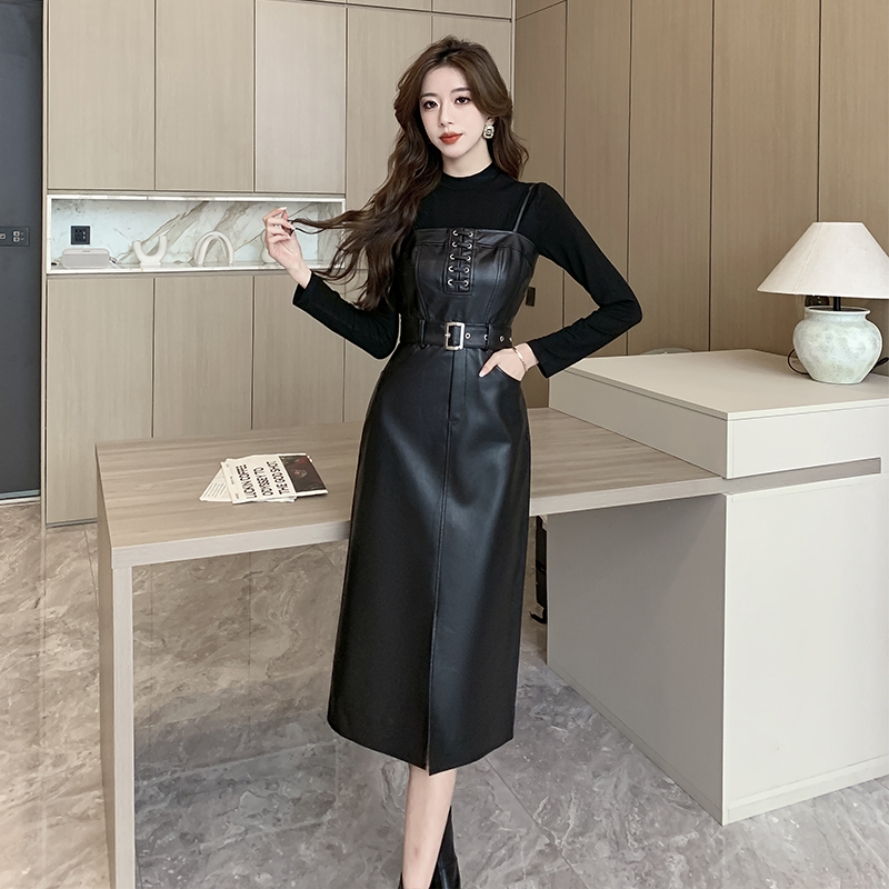 Women's Korean Style Two-Piece PU Midi Skirt Set with Long Sleeve Top