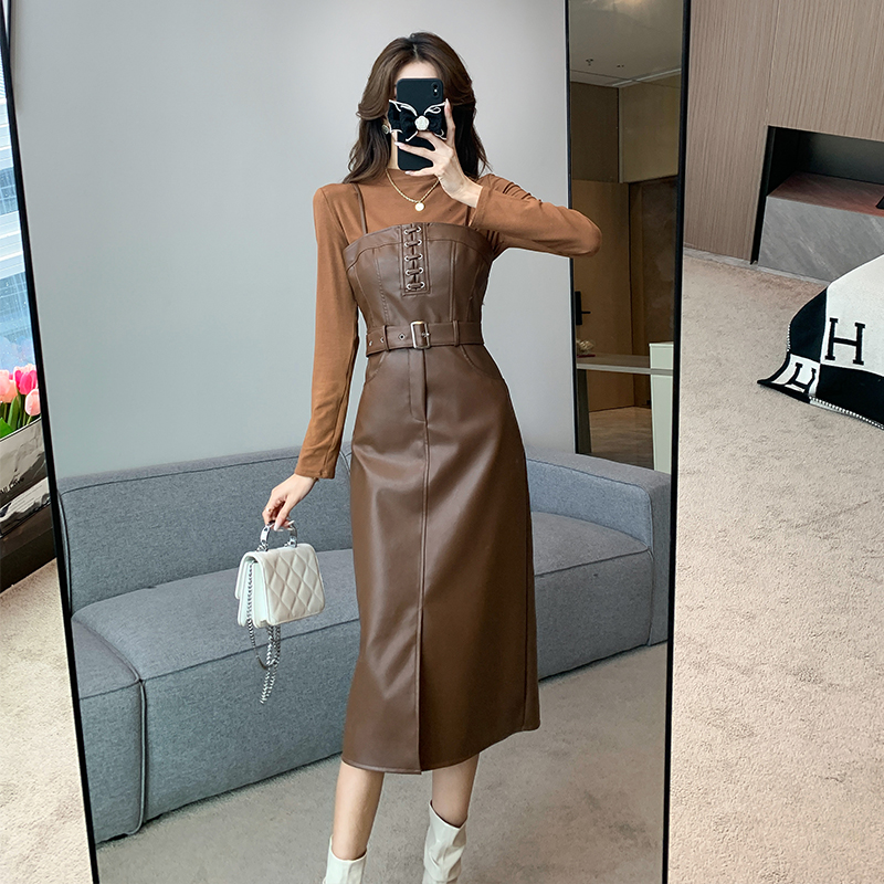 Women's Korean Style Two-Piece PU Midi Skirt Set with Long Sleeve Top - Image 3