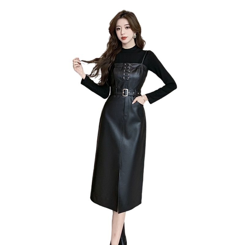 Women's Korean Style Two-Piece PU Midi Skirt Set with Long Sleeve Top - Image 5
