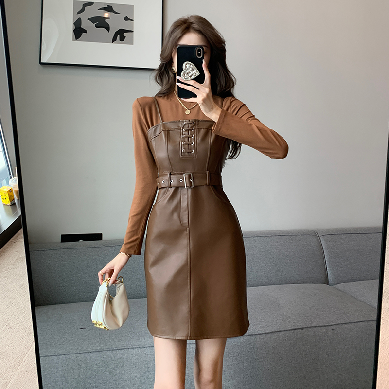 Women's Two-Piece Skirt Set 2025 Fall PU Leather Cami Dress and Long Sleeve Top 5803 - Image 3
