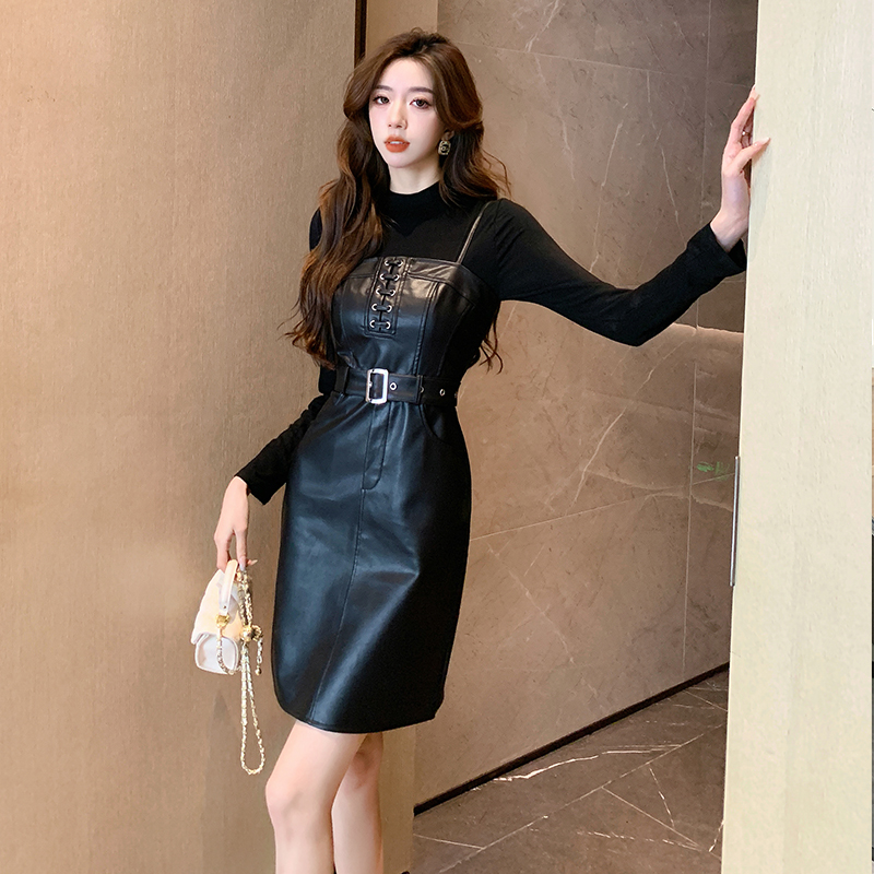 Women's Two-Piece Skirt Set 2025 Fall PU Leather Cami Dress and Long Sleeve Top 5803
