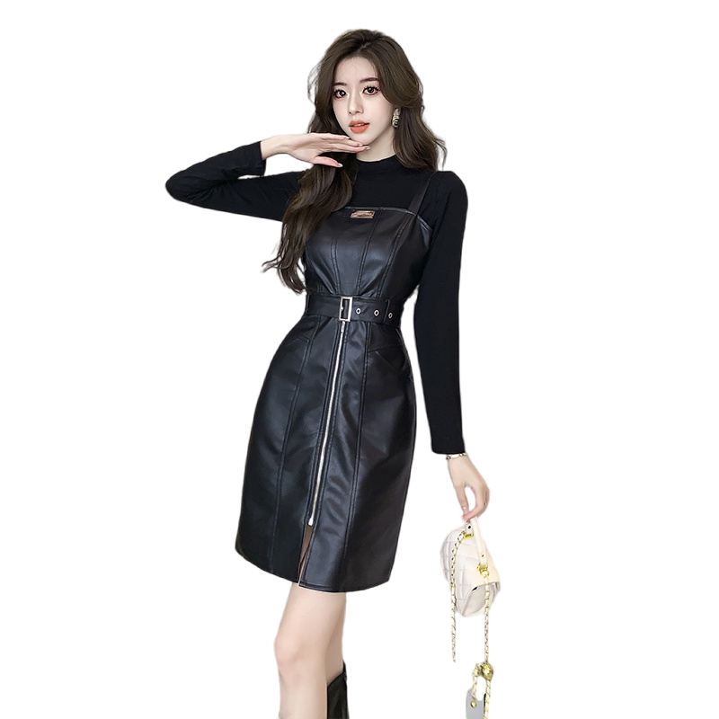 PU Leather Cami Dress and Top Two-Piece Set High Waist Slimming Korean Style - Image 5