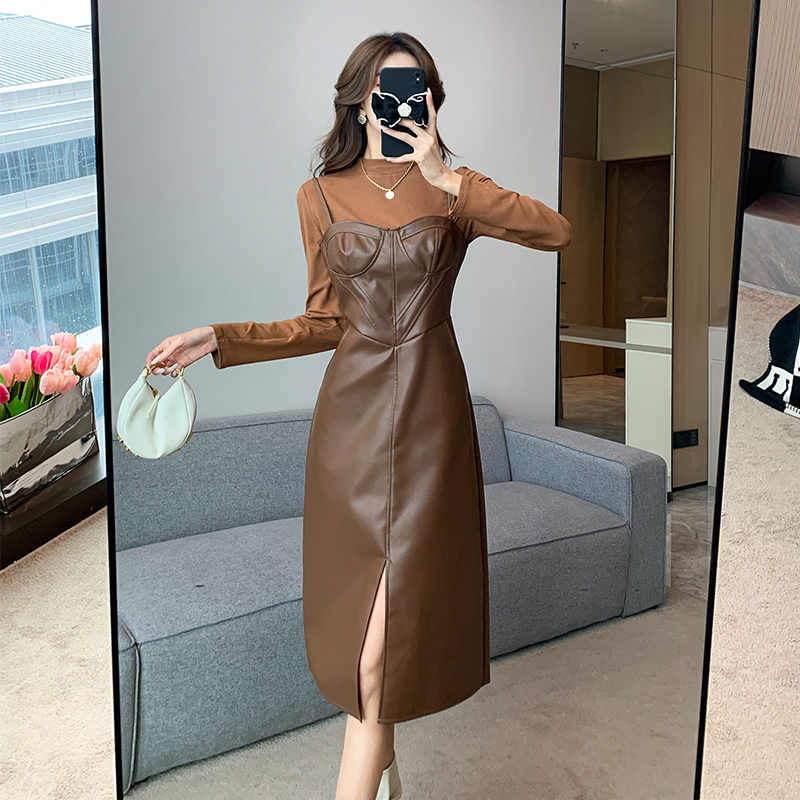 Women's Two-Piece PU Leather Skirt Set Long Sleeve Slim Fit Korean Style Fall Outfit 5832 - Image 4