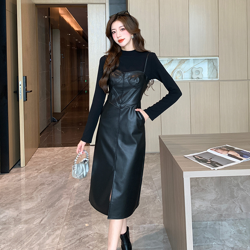 Women's Two-Piece PU Leather Skirt Set Long Sleeve Slim Fit Korean Style Fall Outfit 5832
