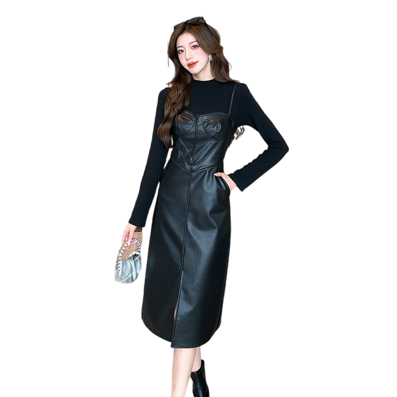 Women's Two-Piece PU Leather Skirt Set Long Sleeve Slim Fit Korean Style Fall Outfit 5832 - Image 5