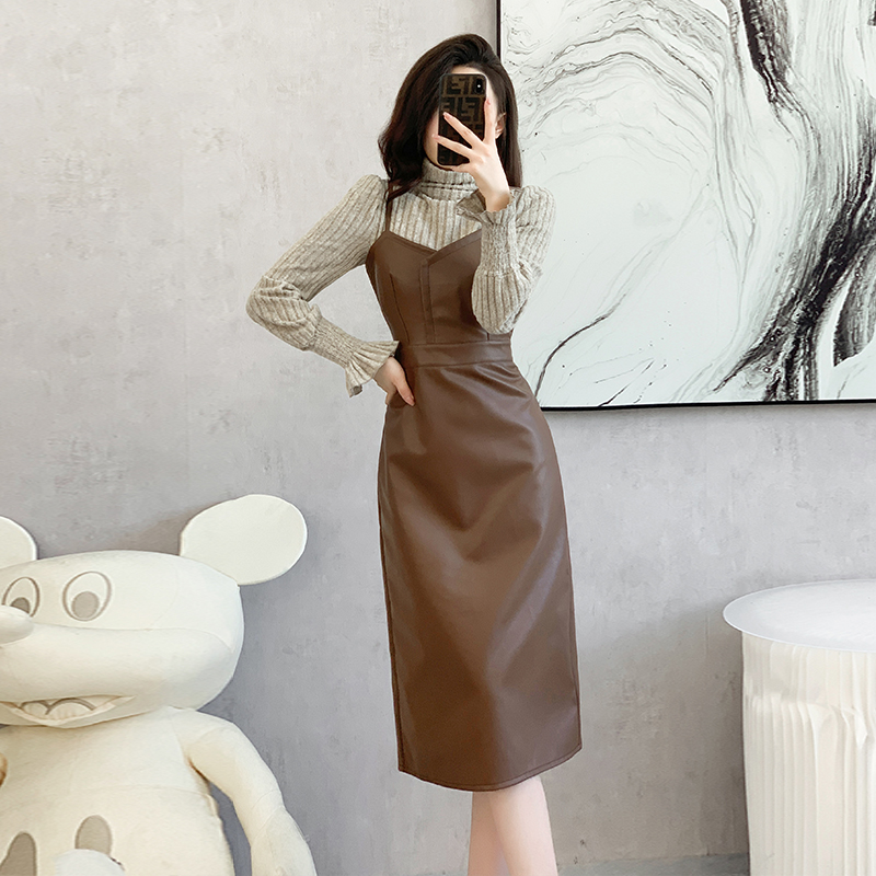Black Sling Leather Dress Women Slimming French Style PU Bodycon Dress 5902 - Image 3