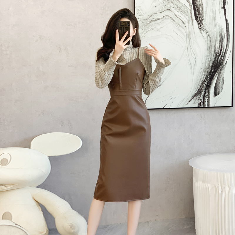 Black Sling Leather Dress Women Slimming French Style PU Bodycon Dress 5902 - Image 4