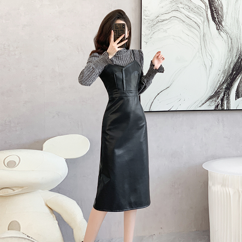 Black Sling Leather Dress Women Slimming French Style PU Bodycon Dress 5902 - Image 2
