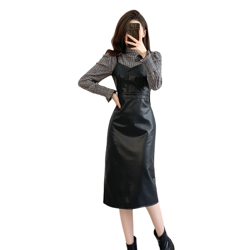 Black Sling Leather Dress Women Slimming French Style PU Bodycon Dress 5902 - Image 5