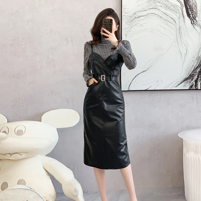 New Two-Piece Skirt Set Long Sleeve Knit Top and PU Leather Bodycon Dress 5901
