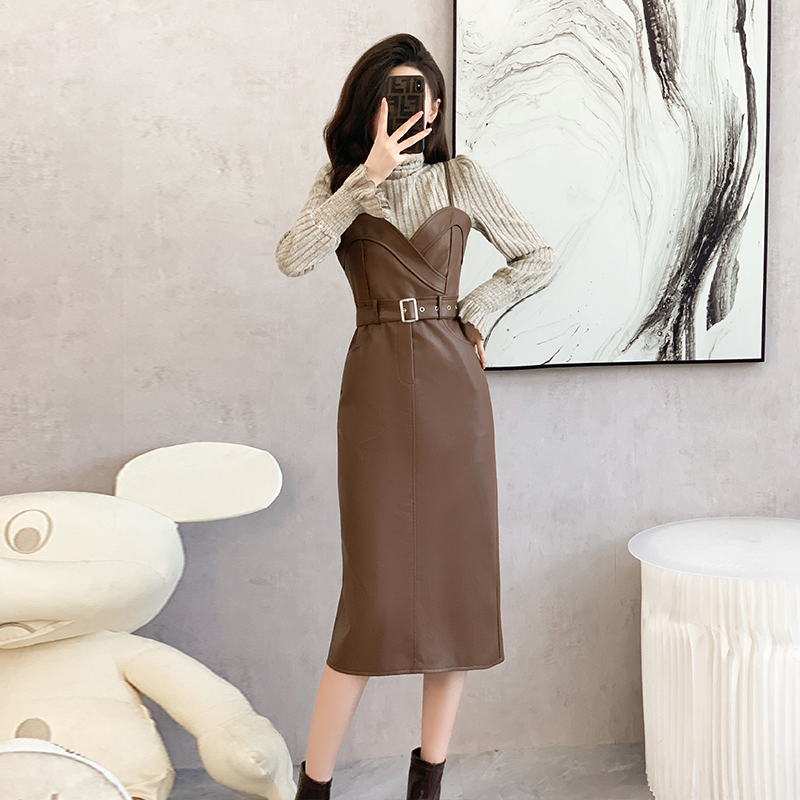 New Two-Piece Skirt Set Long Sleeve Knit Top and PU Leather Bodycon Dress 5901 - Image 3