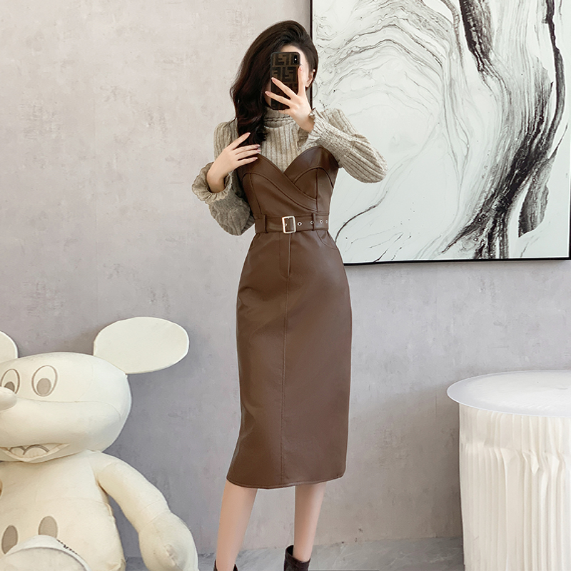 New Two-Piece Skirt Set Long Sleeve Knit Top and PU Leather Bodycon Dress 5901 - Image 4