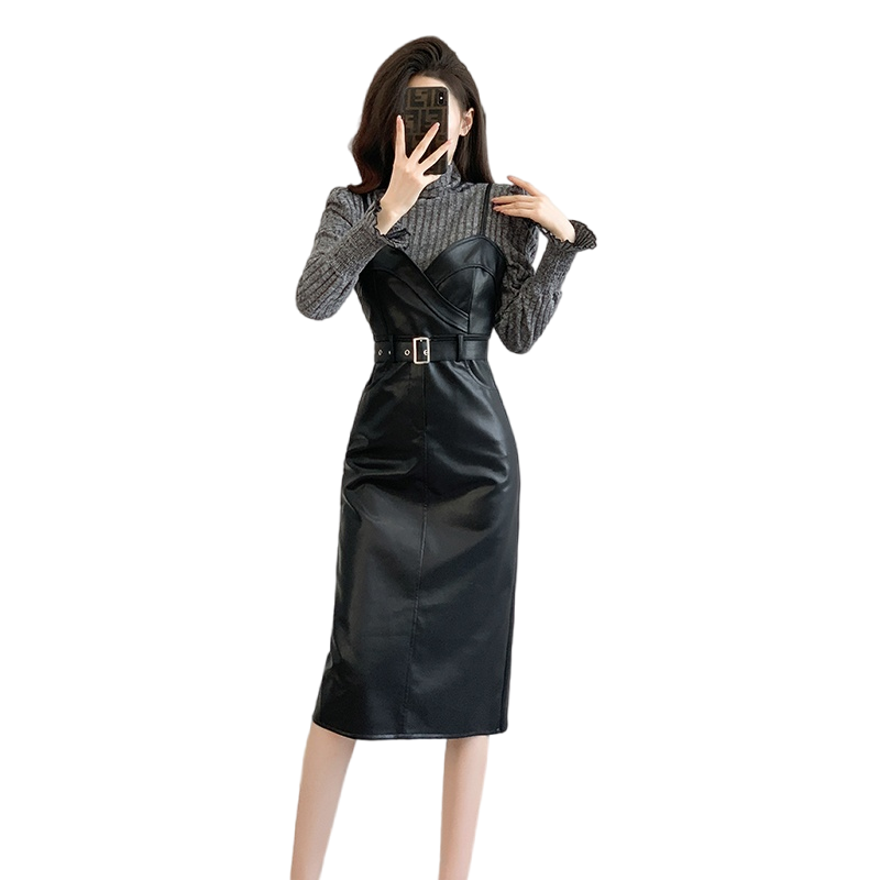 New Two-Piece Skirt Set Long Sleeve Knit Top and PU Leather Bodycon Dress 5901 - Image 5