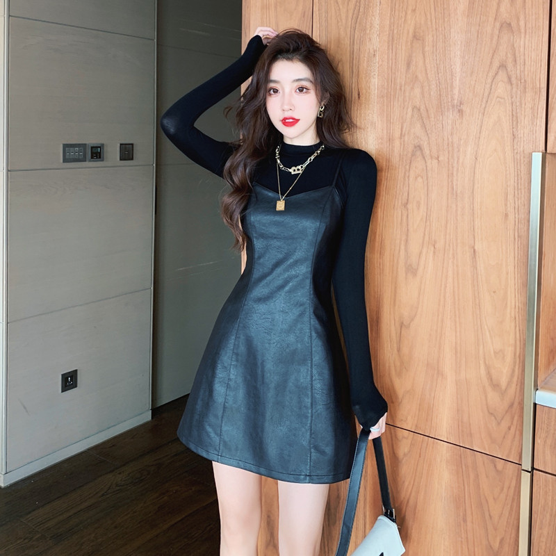 2025 Autumn Winter Elegant PU Leather Cami Dress Two-Piece Set 8930