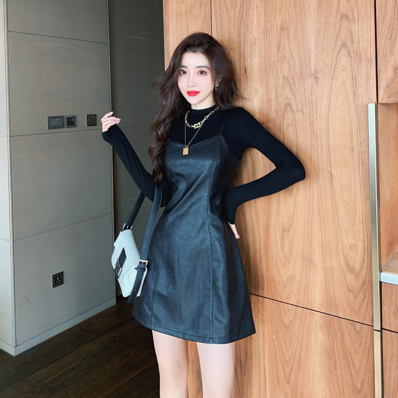 2025 Autumn Winter Elegant PU Leather Cami Dress Two-Piece Set 8930 - Image 2
