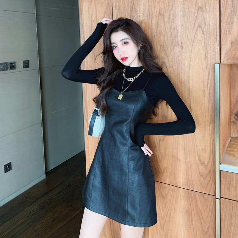2025 Autumn Winter Elegant PU Leather Cami Dress Two-Piece Set 8930 - Image 3