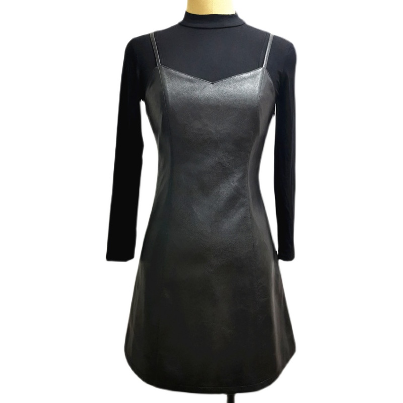 2025 Autumn Winter Elegant PU Leather Cami Dress Two-Piece Set 8930 - Image 5