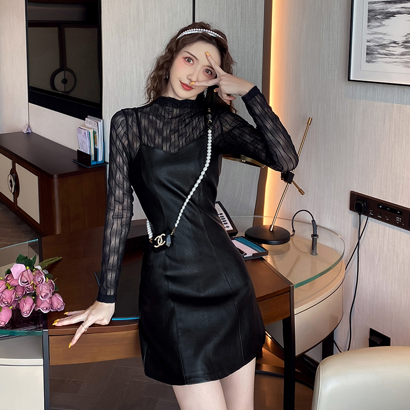 Autumn Winter Lace Top and PU Leather Cami Dress Two-Piece Set 9362
