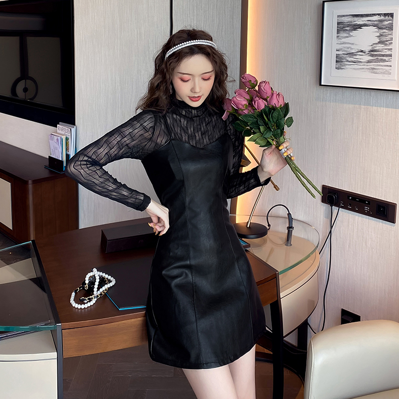 Autumn Winter Lace Top and PU Leather Cami Dress Two-Piece Set 9362 - Image 4