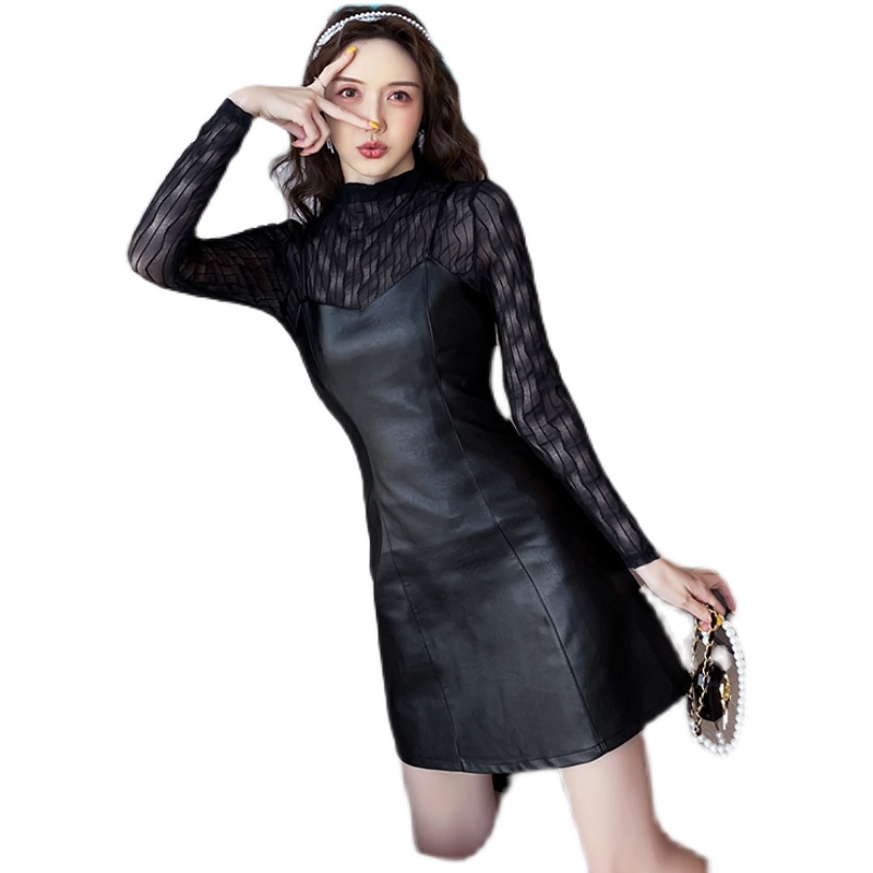 Autumn Winter Lace Top and PU Leather Cami Dress Two-Piece Set 9362 - Image 5