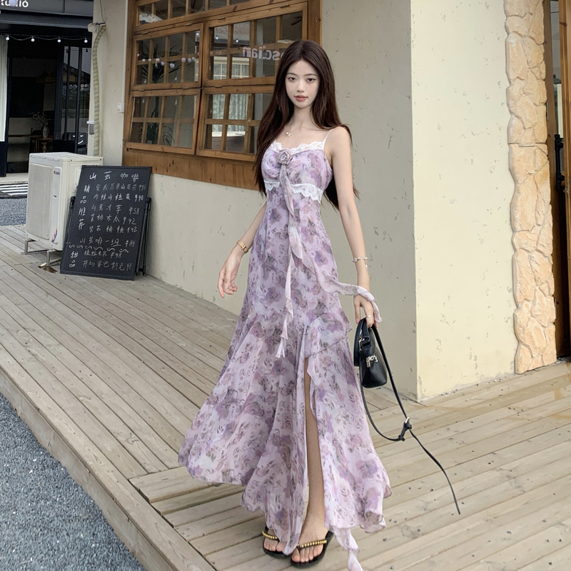 Plus Size Purple Floral Cami Dress Women's Beach Vacation Chiffon Long Dress - Image 4