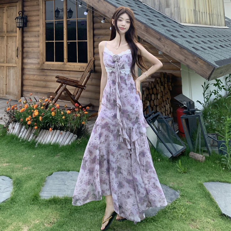 Plus Size Purple Floral Cami Dress Women's Beach Vacation Chiffon Long Dress - Image 2