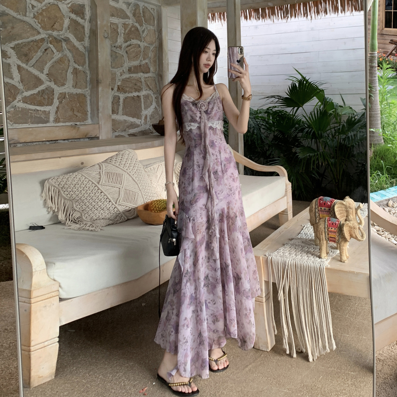 Plus Size Purple Floral Cami Dress Women's Beach Vacation Chiffon Long Dress - Image 3