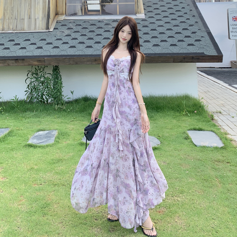 Plus Size Purple Floral Cami Dress Women's Beach Vacation Chiffon Long Dress