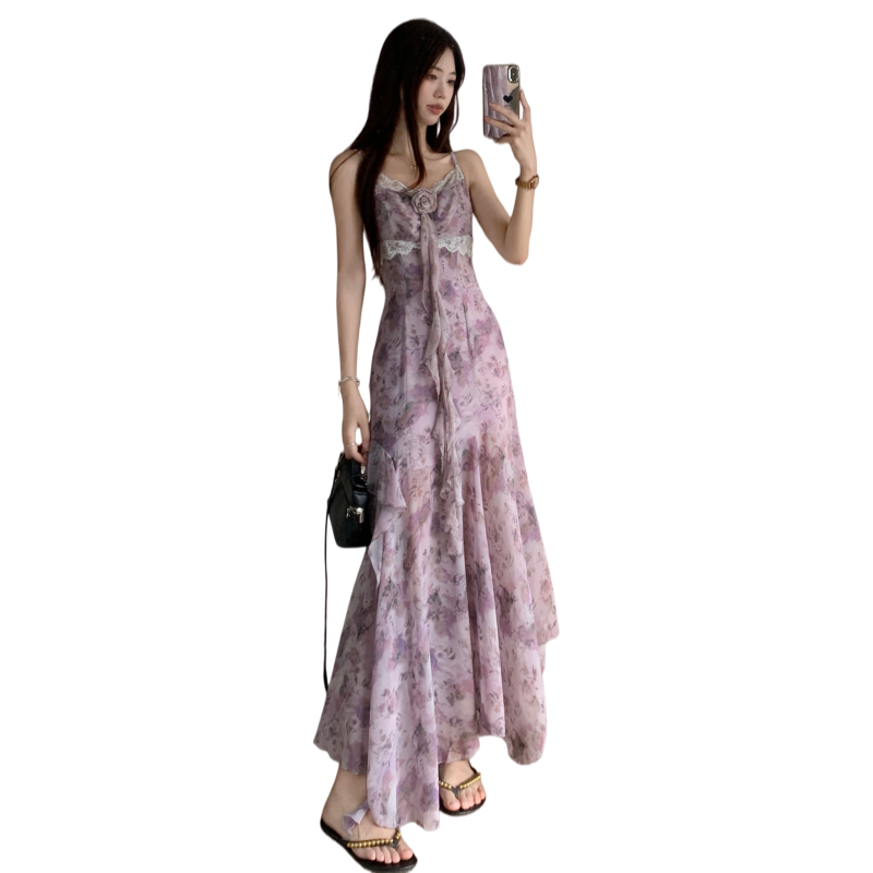 Plus Size Purple Floral Cami Dress Women's Beach Vacation Chiffon Long Dress - Image 5