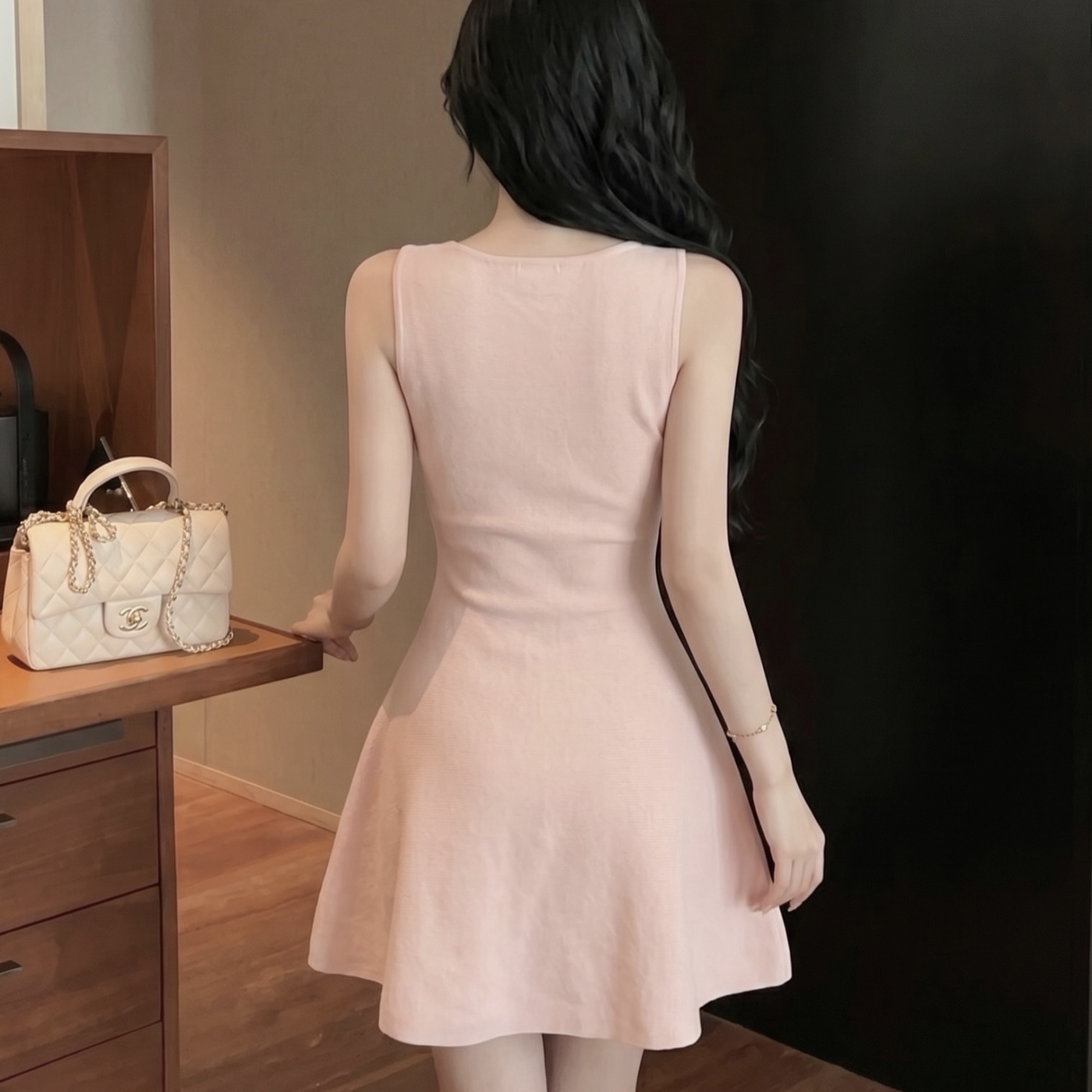 French Style Knit A-Line Dress with Bow Button Front Cinched Waist Slimming Sleeveless Women Summer - Image 5
