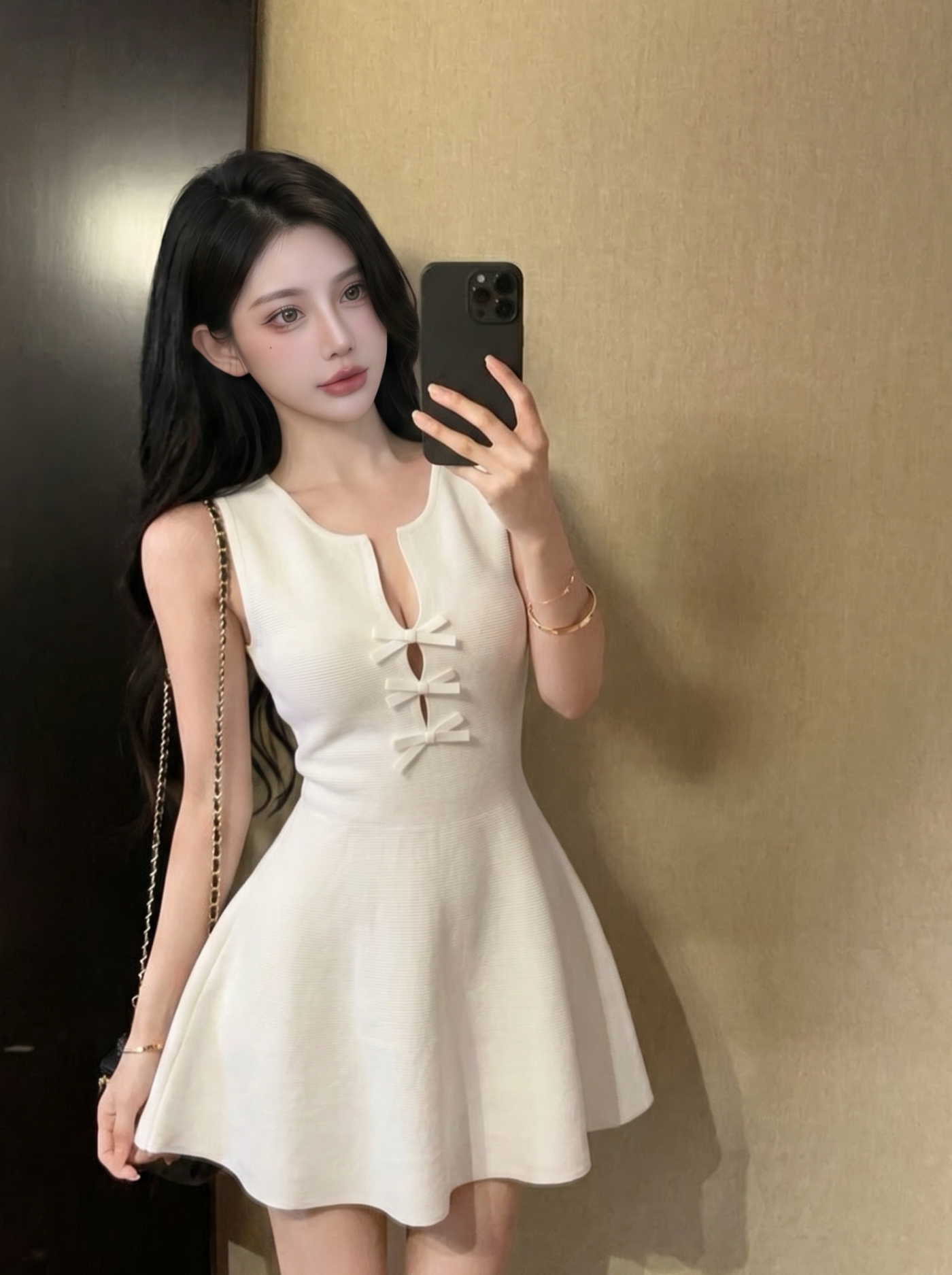 French Style Knit A-Line Dress with Bow Button Front Cinched Waist Slimming Sleeveless Women Summer - Image 4
