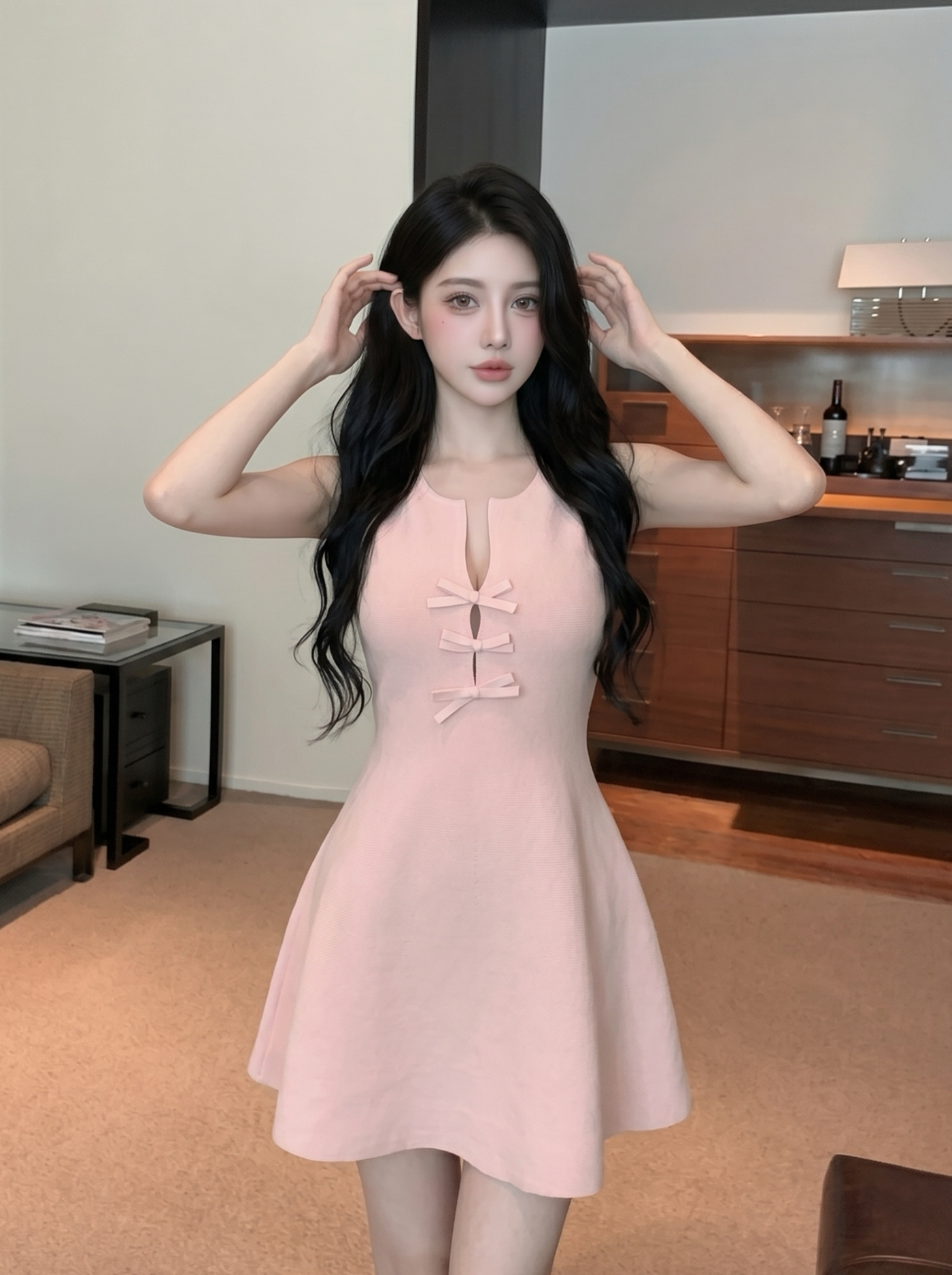 French Style Knit A-Line Dress with Bow Button Front Cinched Waist Slimming Sleeveless Women Summer