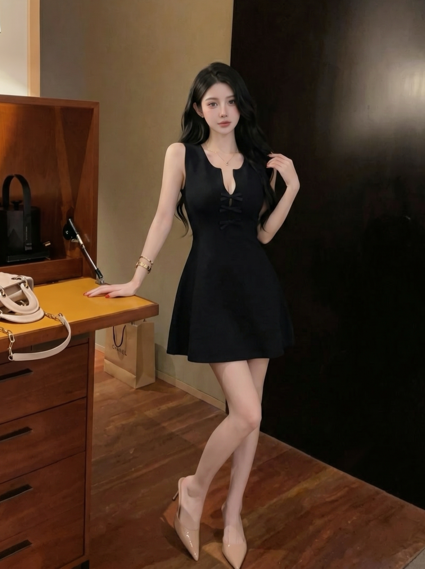 French Style Knit A-Line Dress with Bow Button Front Cinched Waist Slimming Sleeveless Women Summer - Image 3