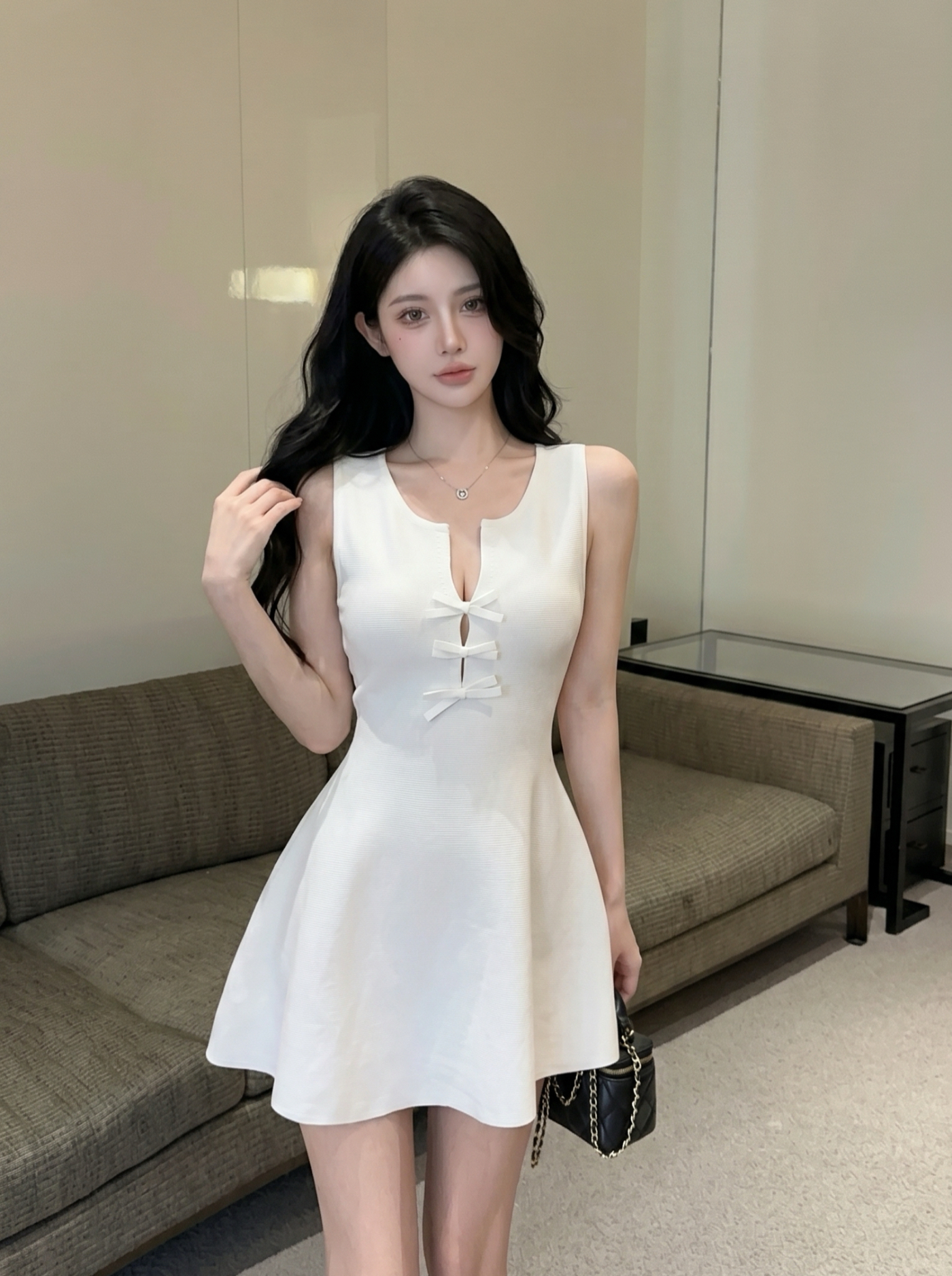 French Style Knit A-Line Dress with Bow Button Front Cinched Waist Slimming Sleeveless Women Summer - Image 2