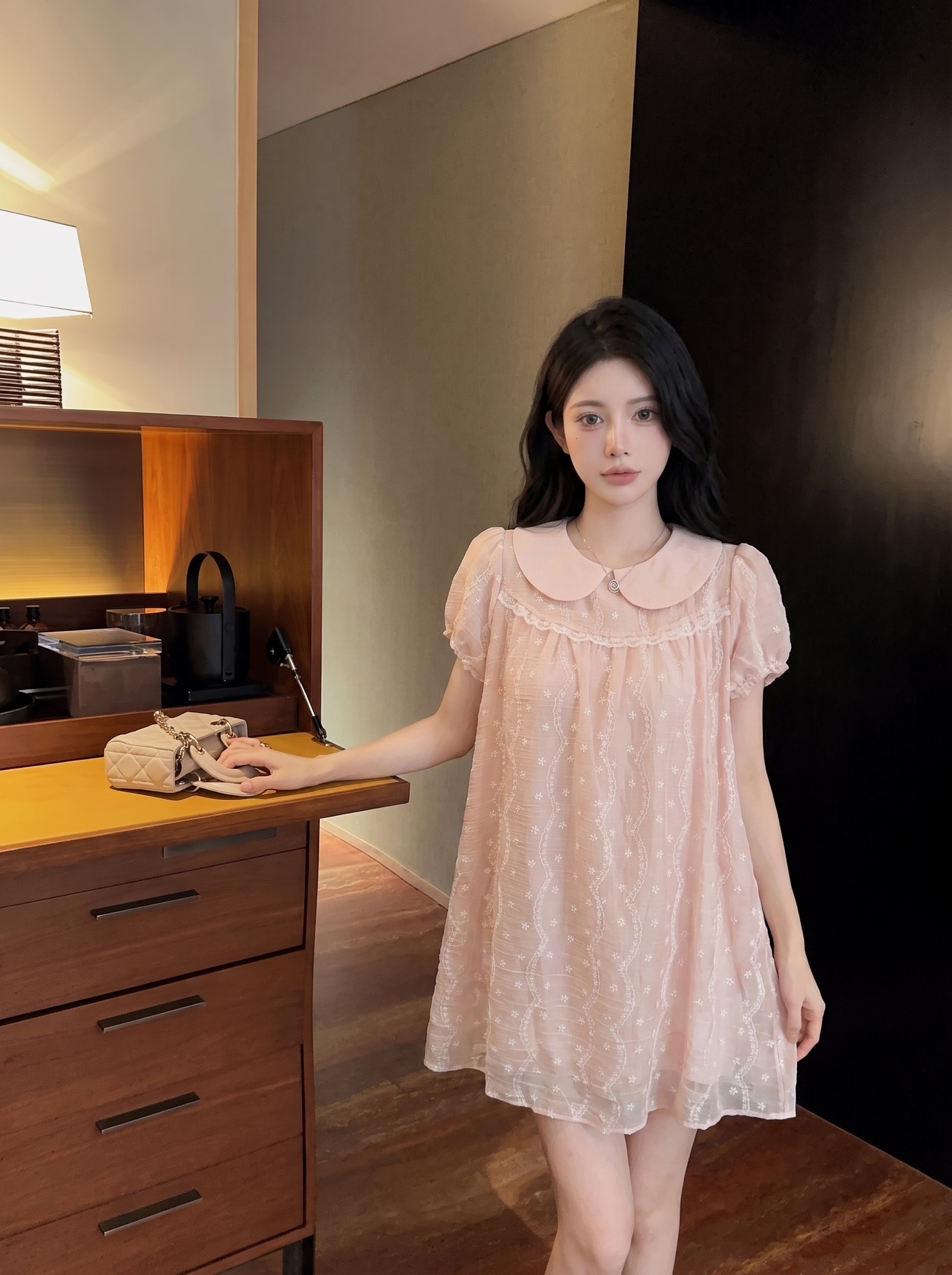 Japanese Sweet Lace Embroidered Doll Collar Dress Women Summer Slimming Short Puff Sleeve Cake Dress