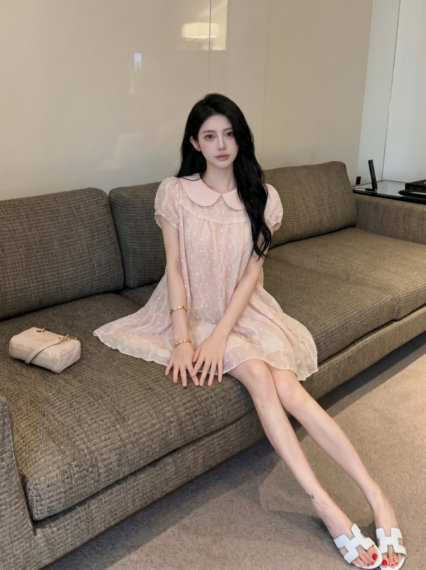 Japanese Sweet Lace Embroidered Doll Collar Dress Women Summer Slimming Short Puff Sleeve Cake Dress - Image 3
