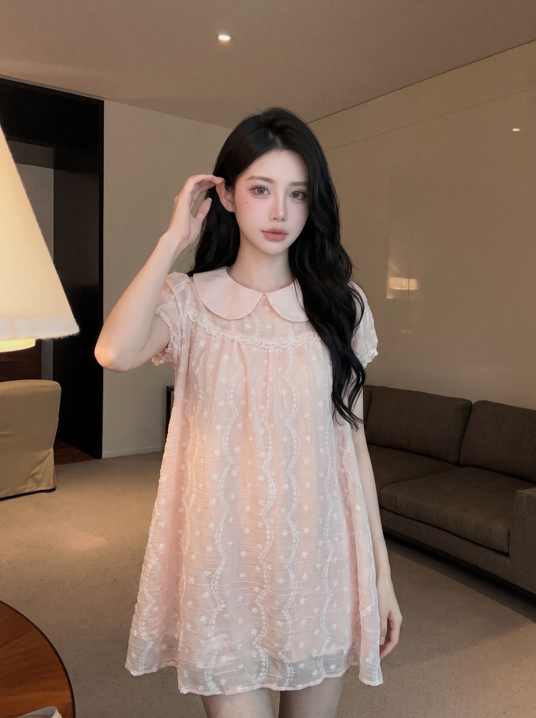 Japanese Sweet Lace Embroidered Doll Collar Dress Women Summer Slimming Short Puff Sleeve Cake Dress - Image 2