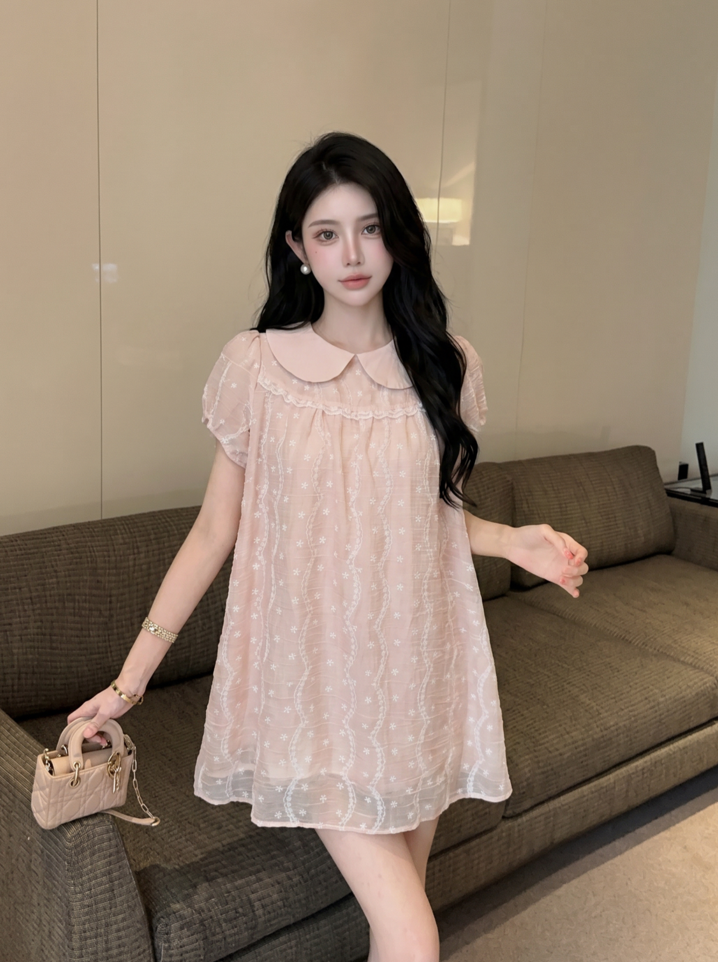 Japanese Sweet Lace Embroidered Doll Collar Dress Women Summer Slimming Short Puff Sleeve Cake Dress - Image 4